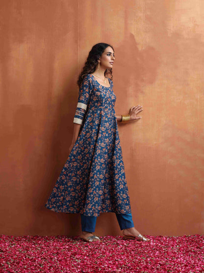 trueBrowns Blue Print Flared Anarakali Kurta Set