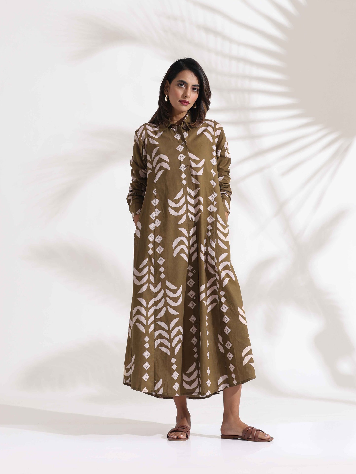 trueBrowns Olive Green Cotton Print Shirt Dress