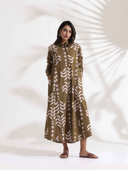 trueBrowns Olive Green Cotton Print Shirt Dress