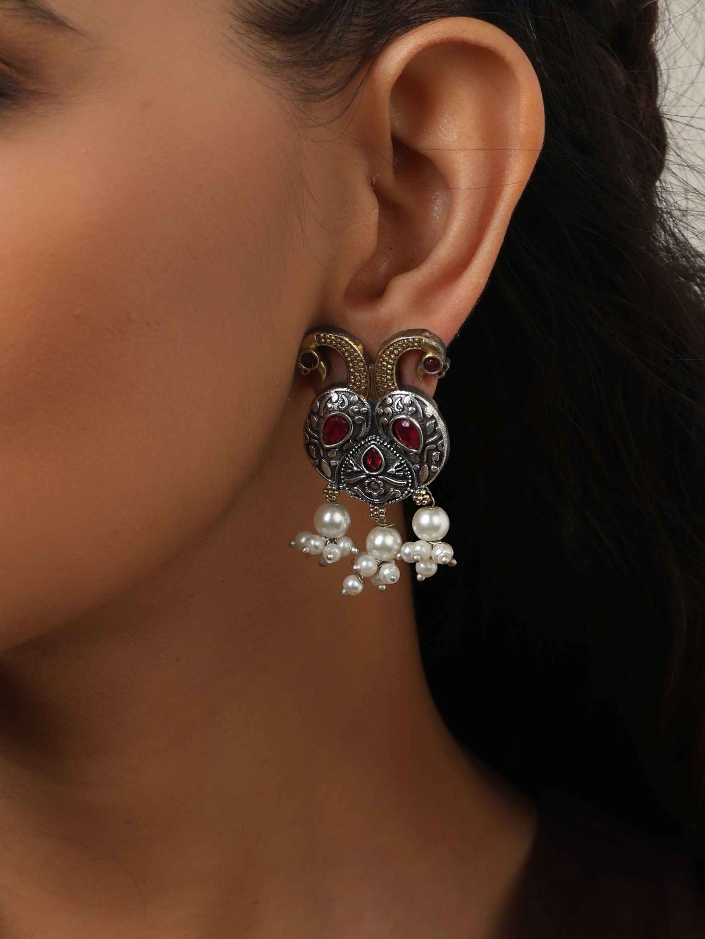 trueBrowns Silver Gold Tone Peacock Stud Earrings