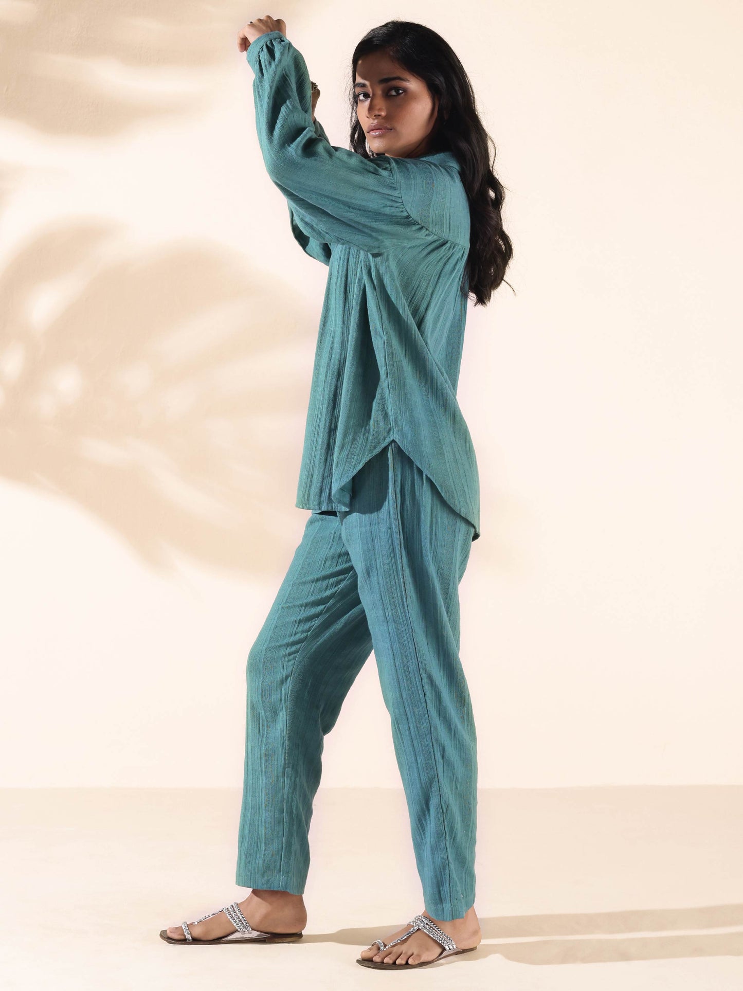 trueBrowns Turquoise Cotton Dobby Shirt Co-ord Set