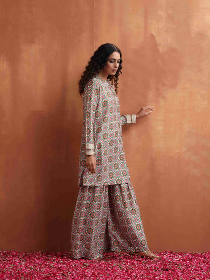 trueBrowns Off White Geometric Print Sharara Set