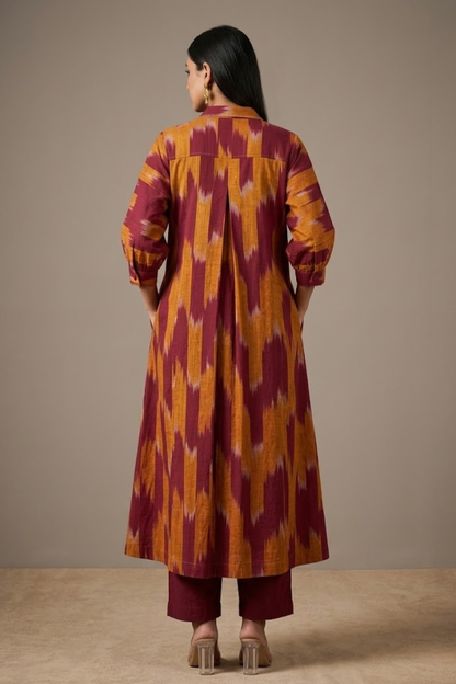 Burnt Sienna Gold Ikat Cotton Collar Box Pleat Kurta Top Mc