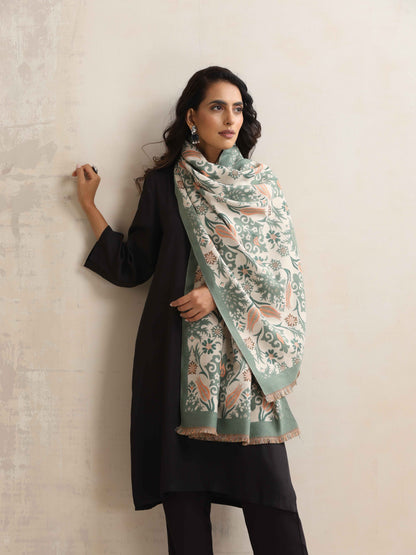 trueBrowns Green Floral Woven Reversible Stole