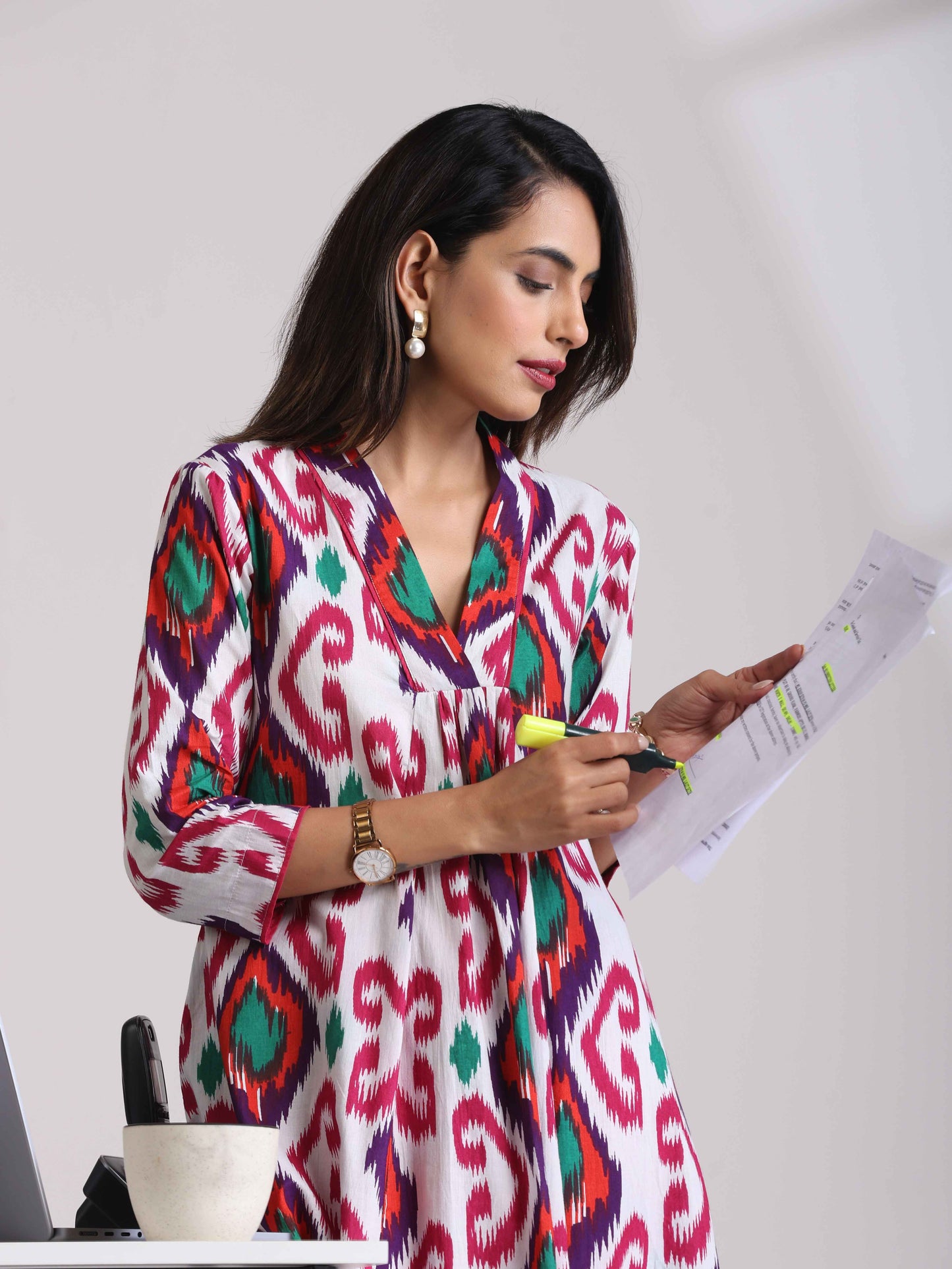 trueBrowns Pink Cotton Ikat Flared Kurta Pant Set