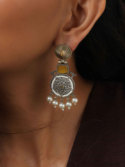 trueBrowns Silver Gold Tone Meenakari Pearl Drop Earrings