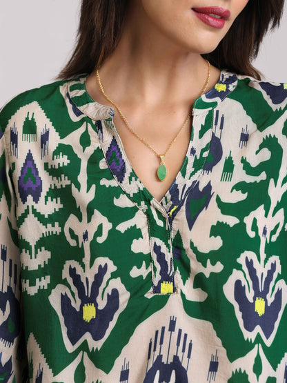trueBrowns Green Muslin Ikat Shirt Blouse