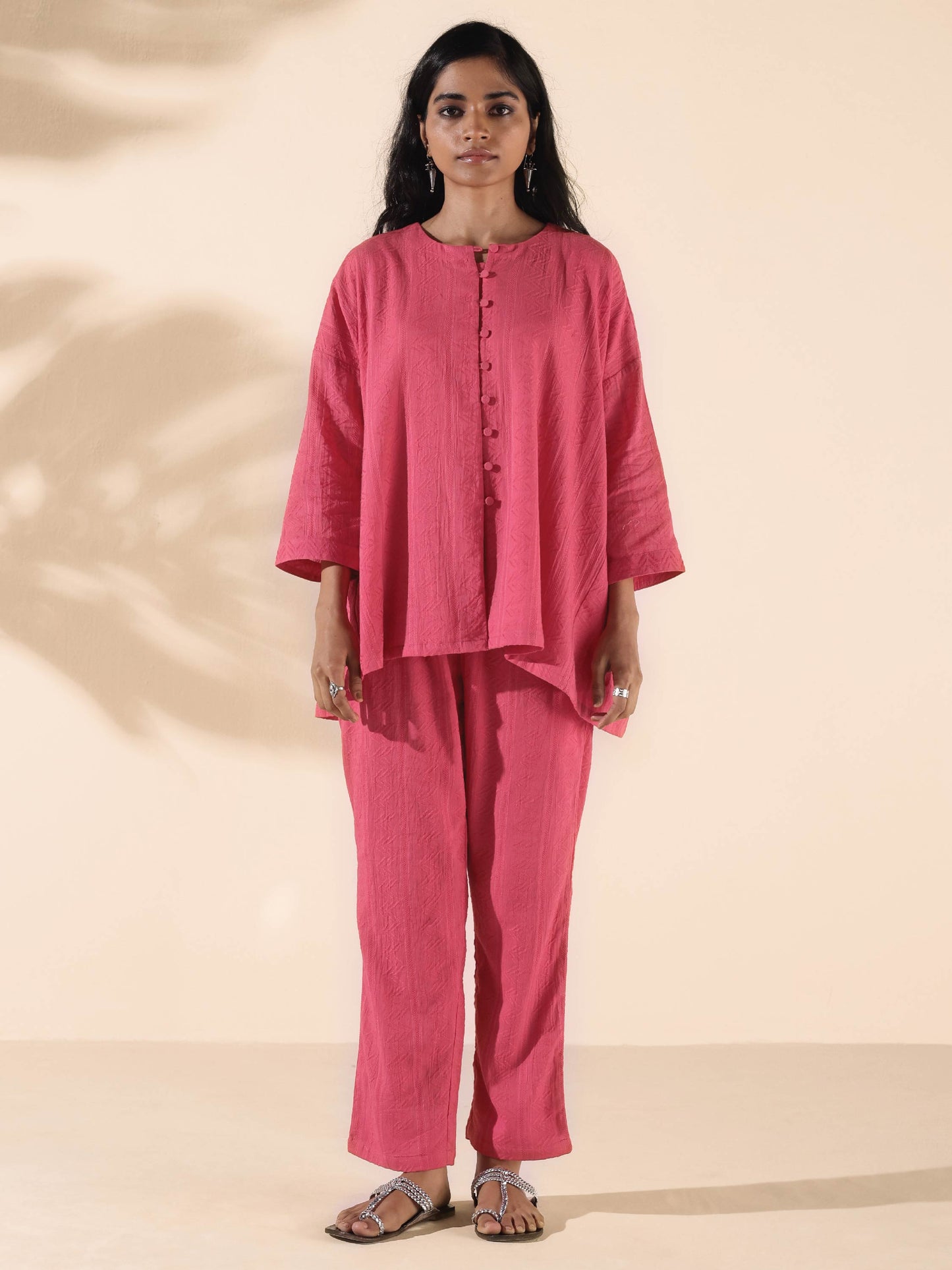 trueBrowns Pink Cotton Dobby Oversized Co-ord Set