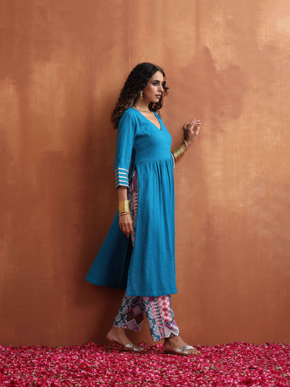 trueBrowns Blue Cotton Flared Anarkali Kurta Set