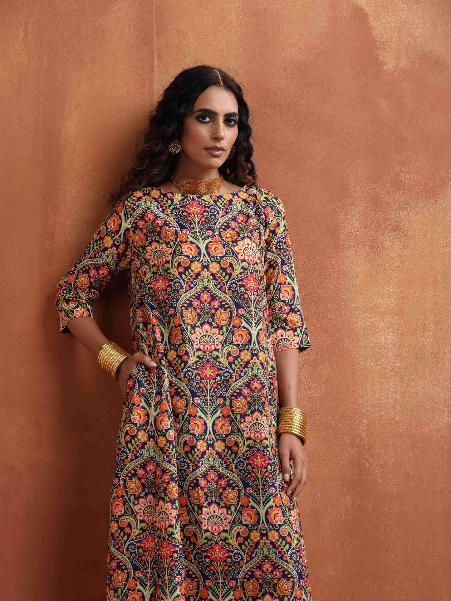 trueBrowns Blue Print A-line Kurta Set