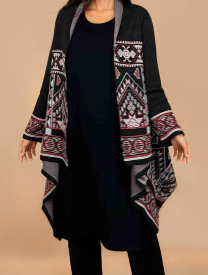 trueBrowns Black Woollen Geometric Kaftan Cape LP