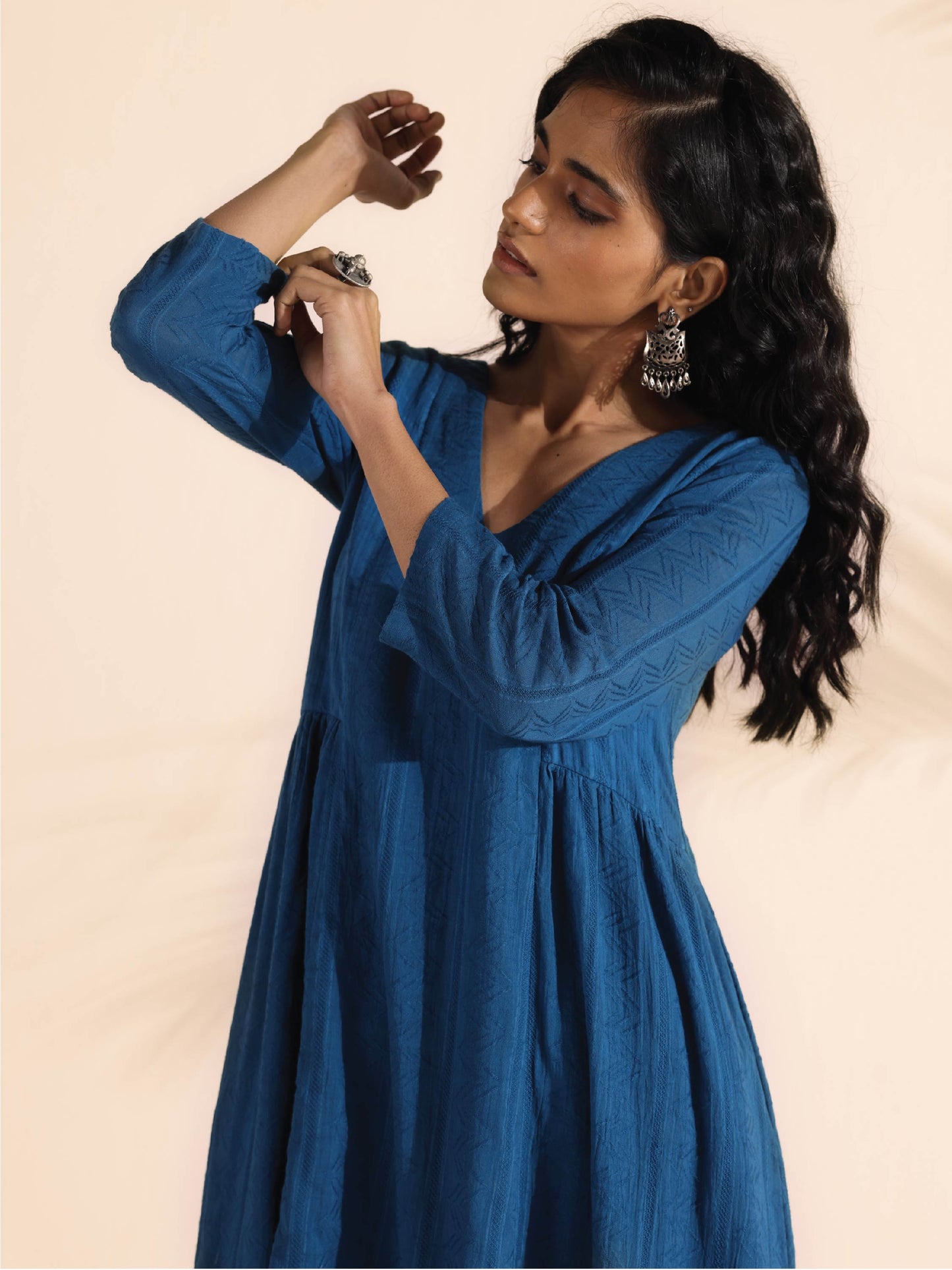 trueBrowns Blue Cotton Dobby Flared Kurta Pant Set