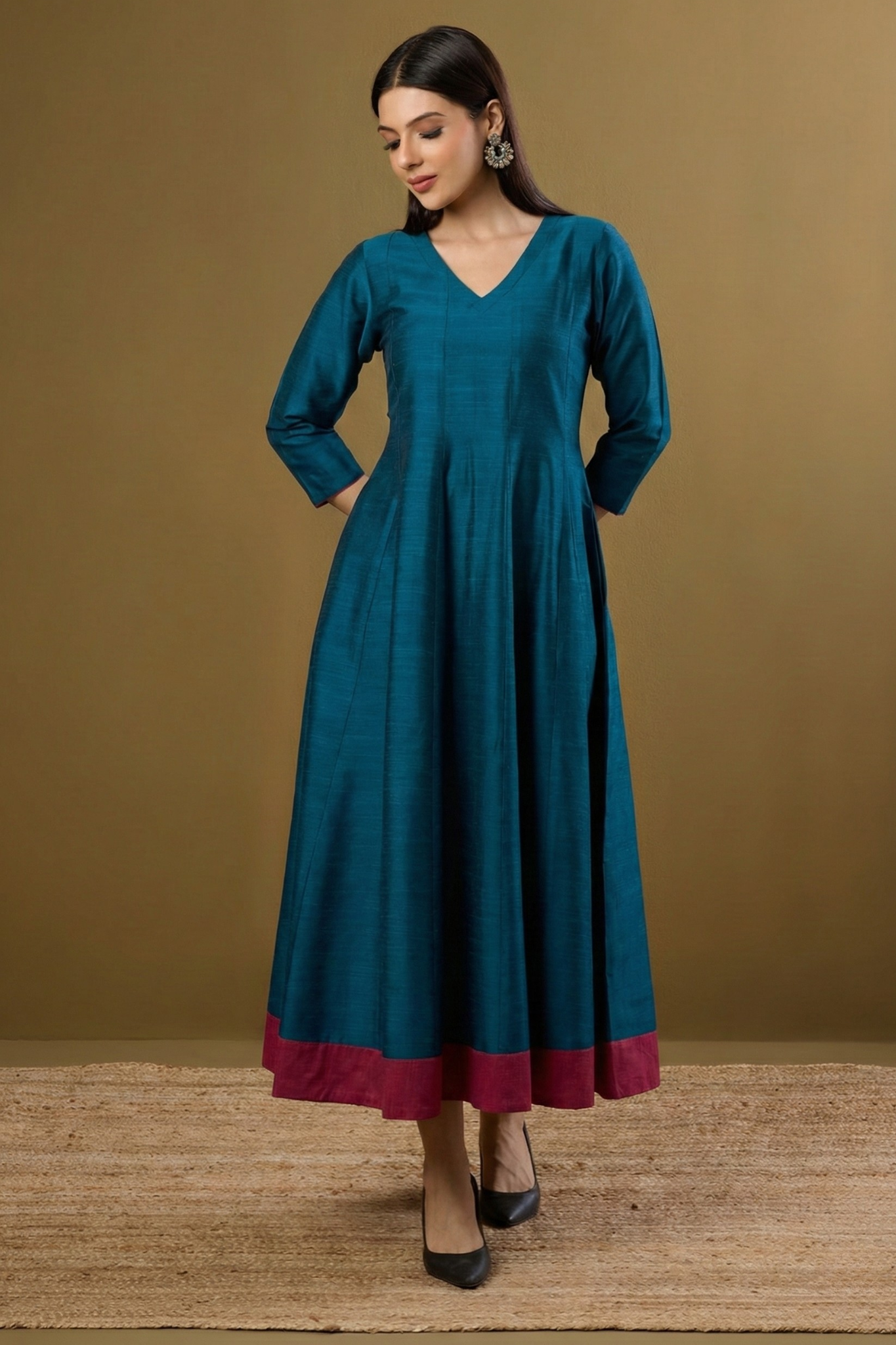 Maati Peacock Plush Luxe Silk Slub Long Maxi Dress With Sleeves