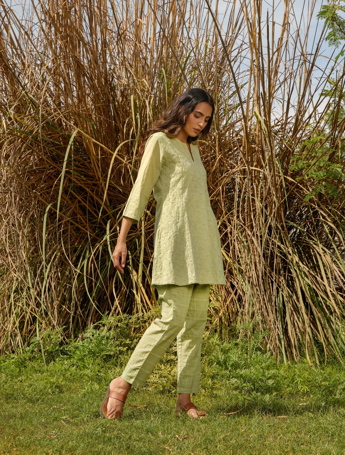 trueBrowns Green Cotton Embroidered Co-ord Set