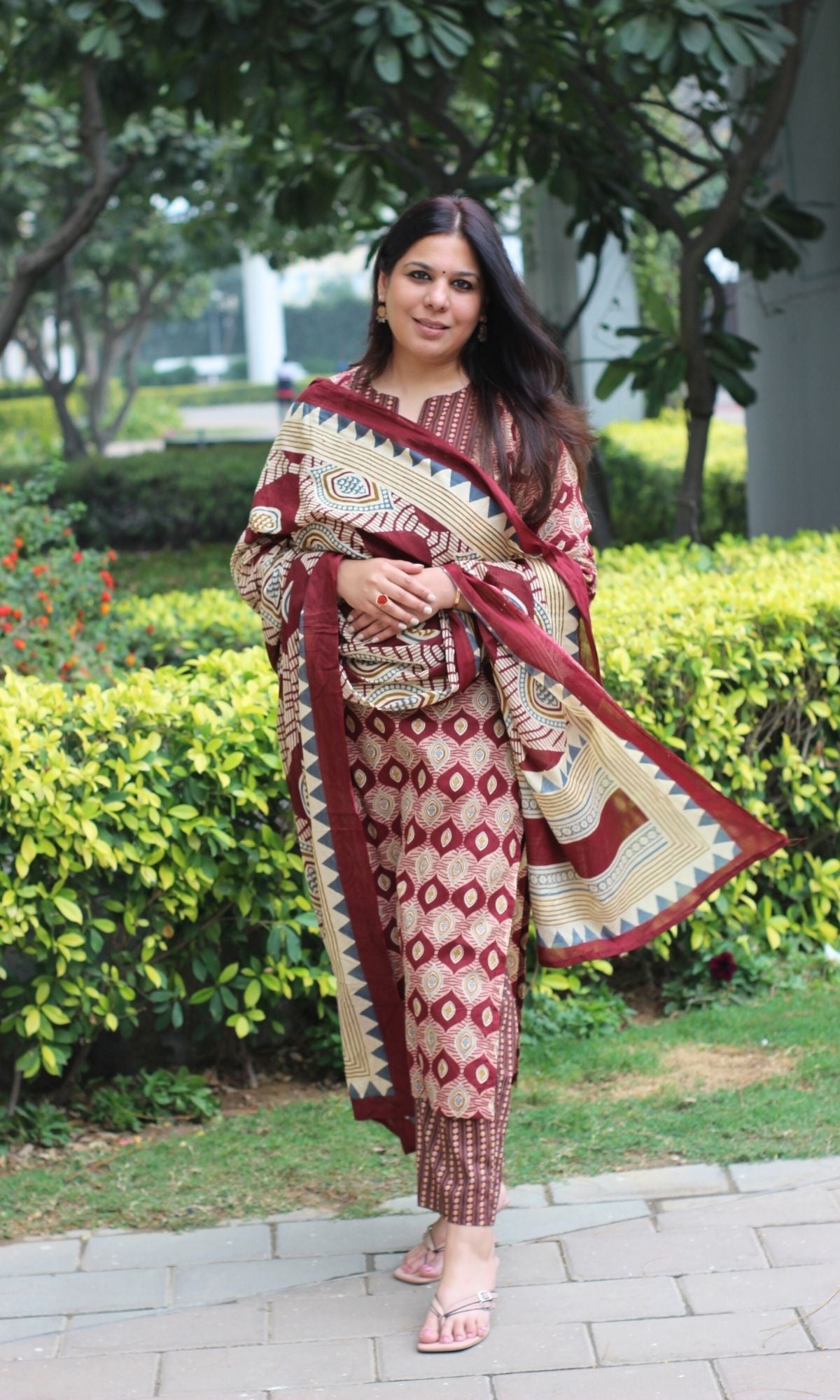 Baareeki Cotton Maroon Ajrakh Print Suit with Mul Printed Dupatta