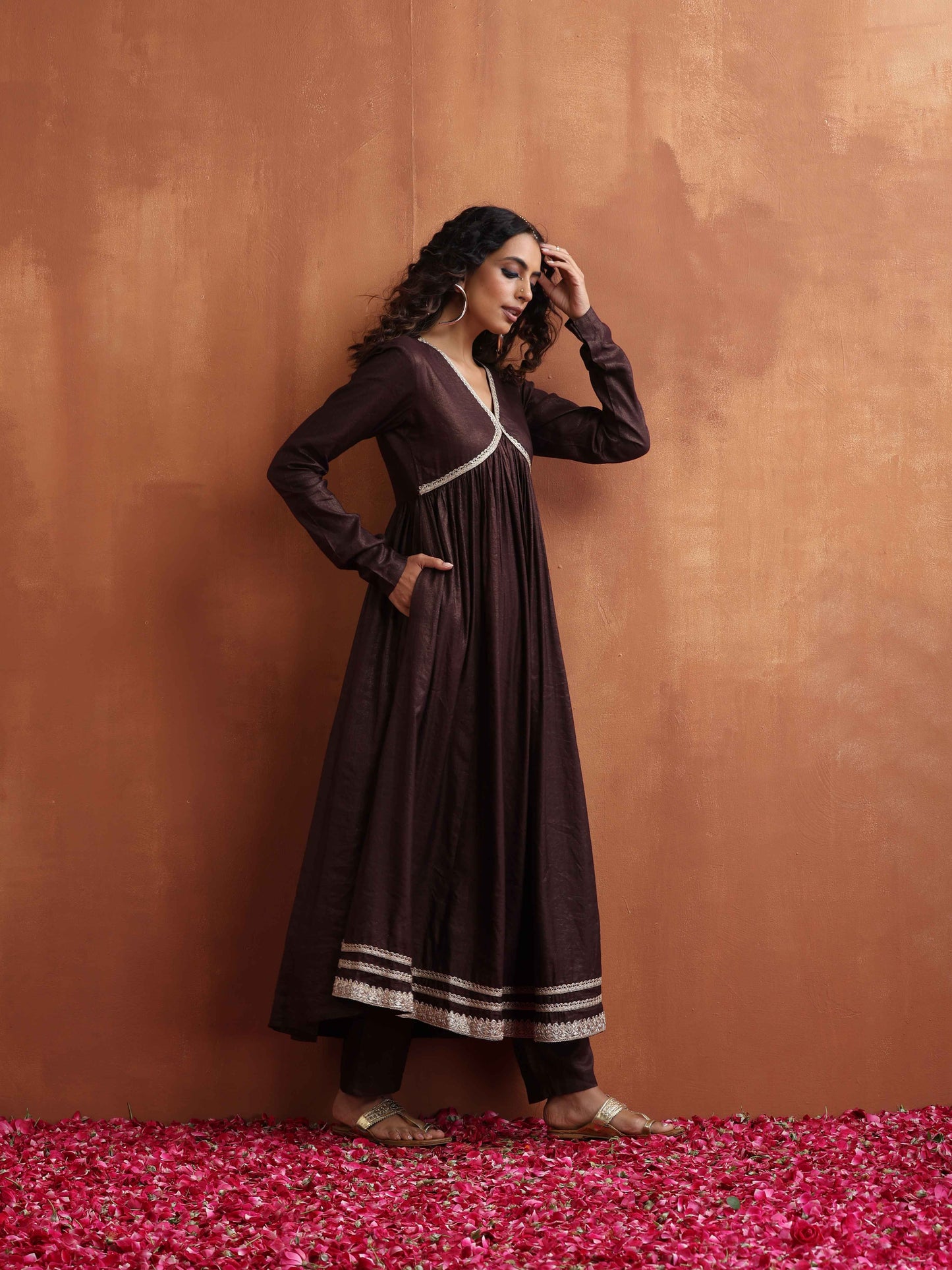 trueBrowns Brown Metallic Flared Anarkali Kurta Set