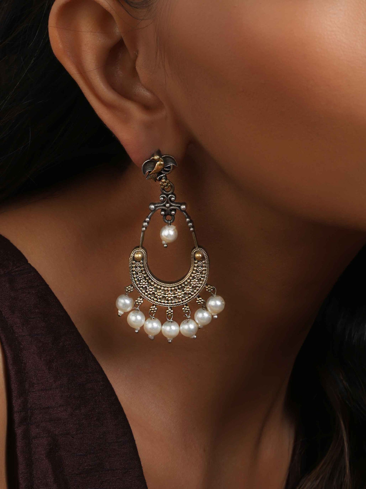 trueBrowns Silver Gold Tone Chandbaali Earrings