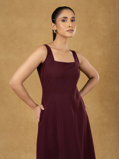 Burgundy Solid Strappy Fit And Flared Dress