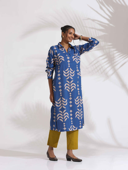 trueBrowns Blue Cotton Stripe Print Kurta Set