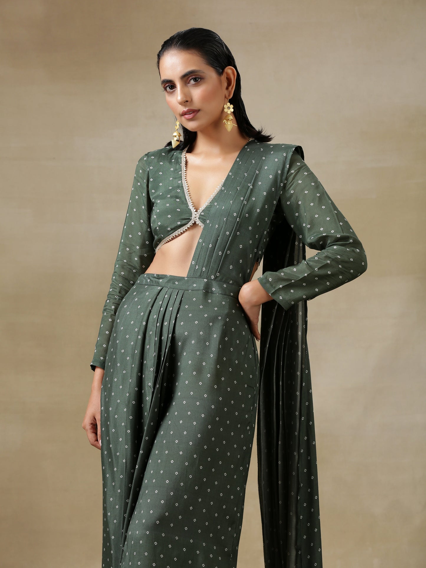 Dark Green Bandhani Printed Silk Palazzo Stitched Saree