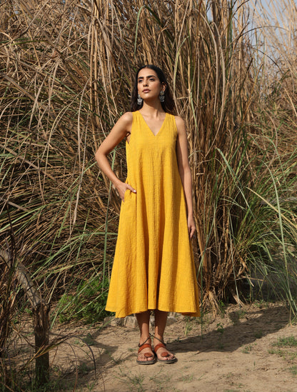trueBrowns Mustard Cotton Embroidered Flared Dress