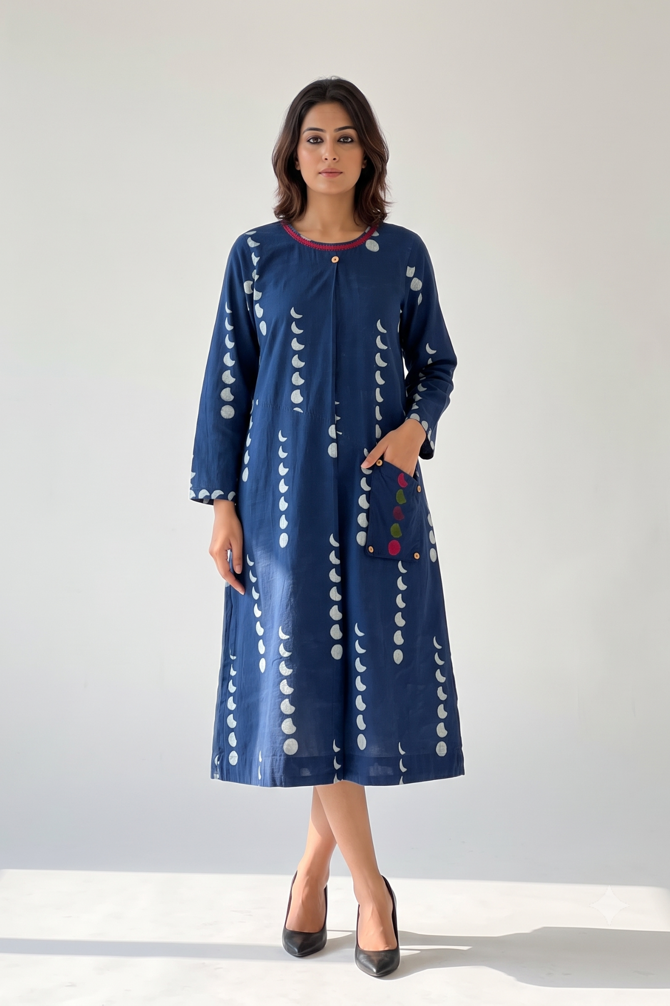 Indigo Lunar Rhythm Cotton A-Line Dress With Patch Pocket