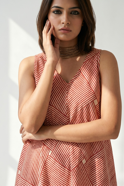 Crimson Grid Play Cotton Sleeveless Strap V-Neck Bias Dress