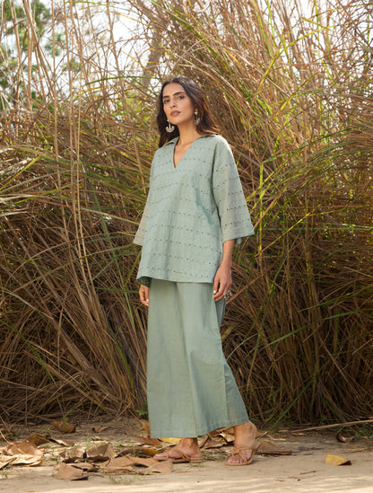 trueBrowns Blue Cotton Cutwork Embroidered Co-ord Set