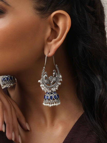 trueBrowns Silver Tone Peacock Jhumka Earrings