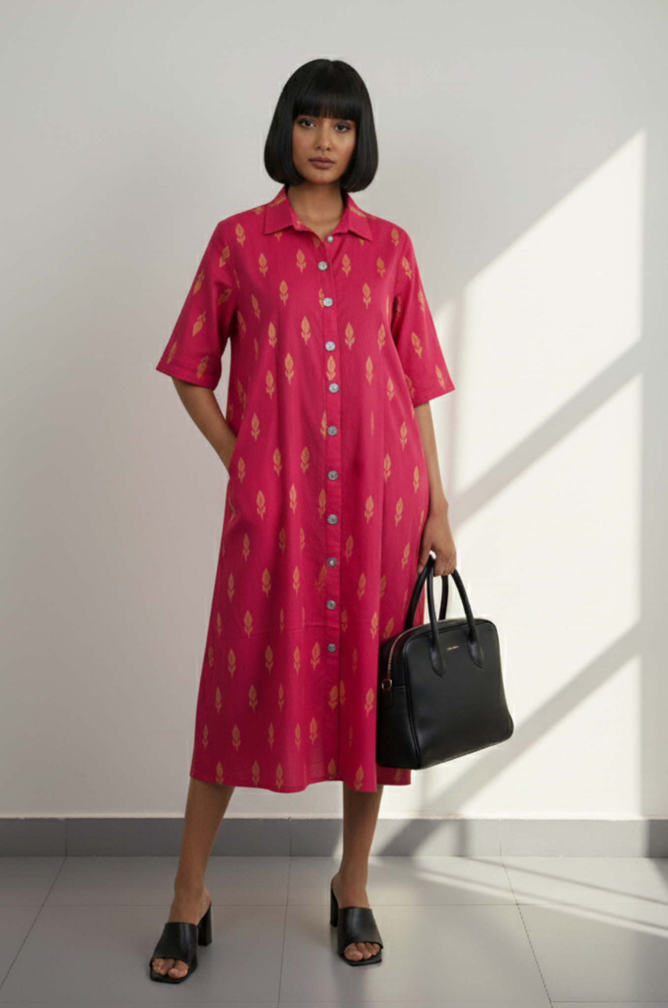 Maati  Sunlit Pink Cotton Box Pleat Button Down Shirt Dress