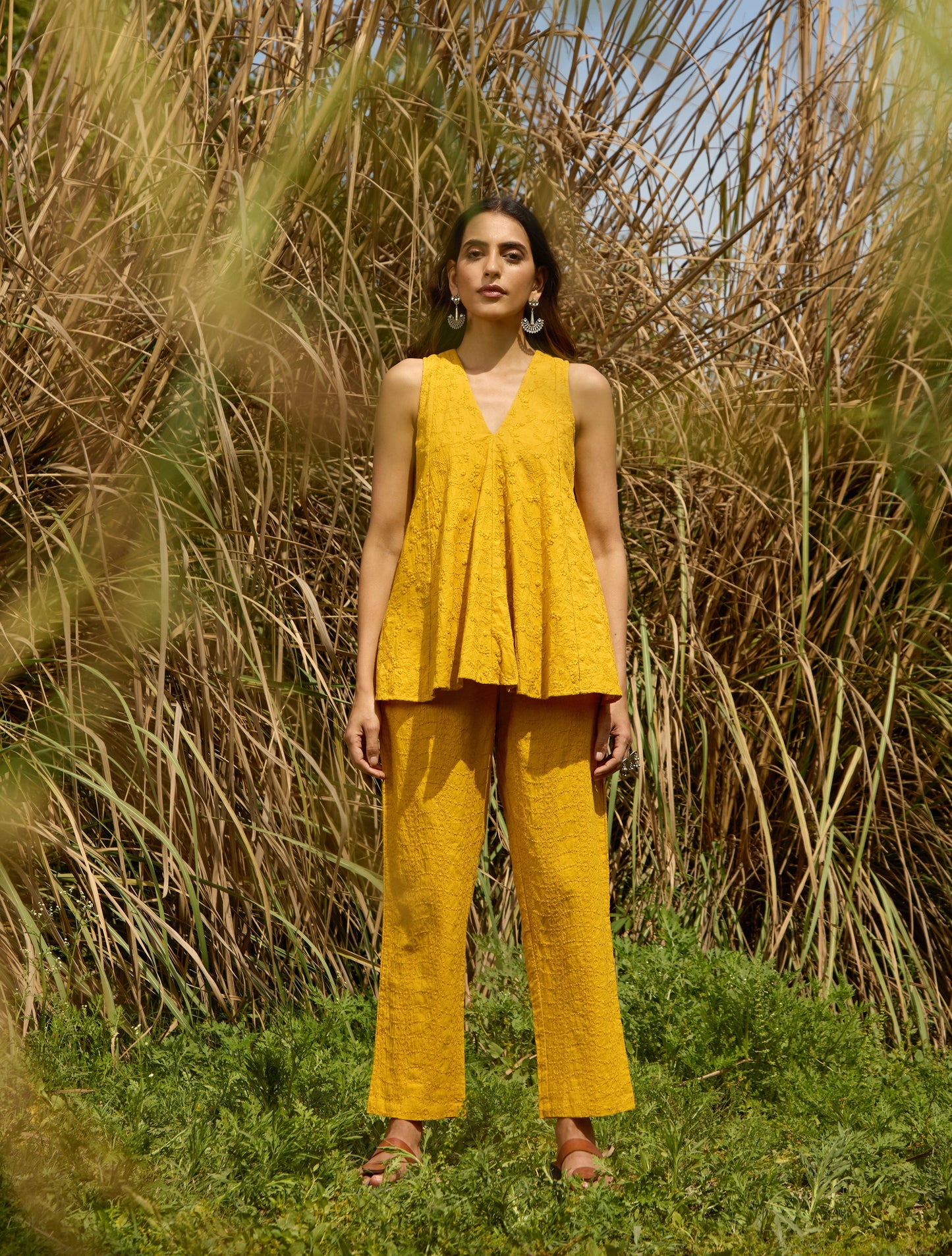 trueBrowns Mustard Cotton Embroidered Flared Co-ord Set