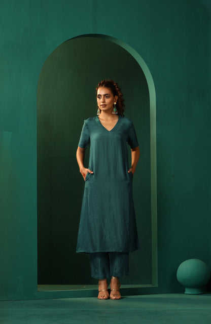 trueBrowns Blue Teal Silk Kurta Jacket Set