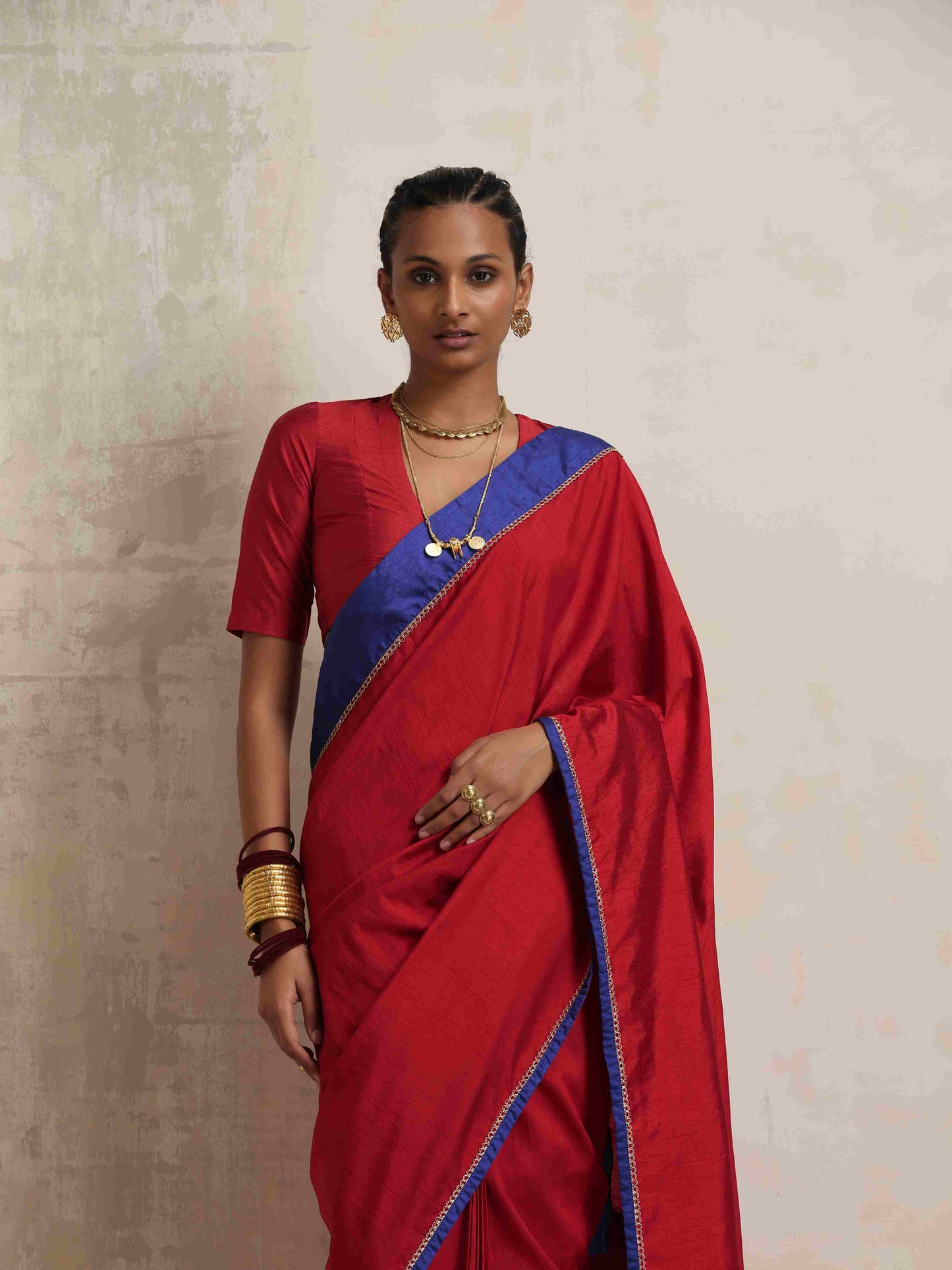 trueBrowns Red Silk Ready To Wear Saree