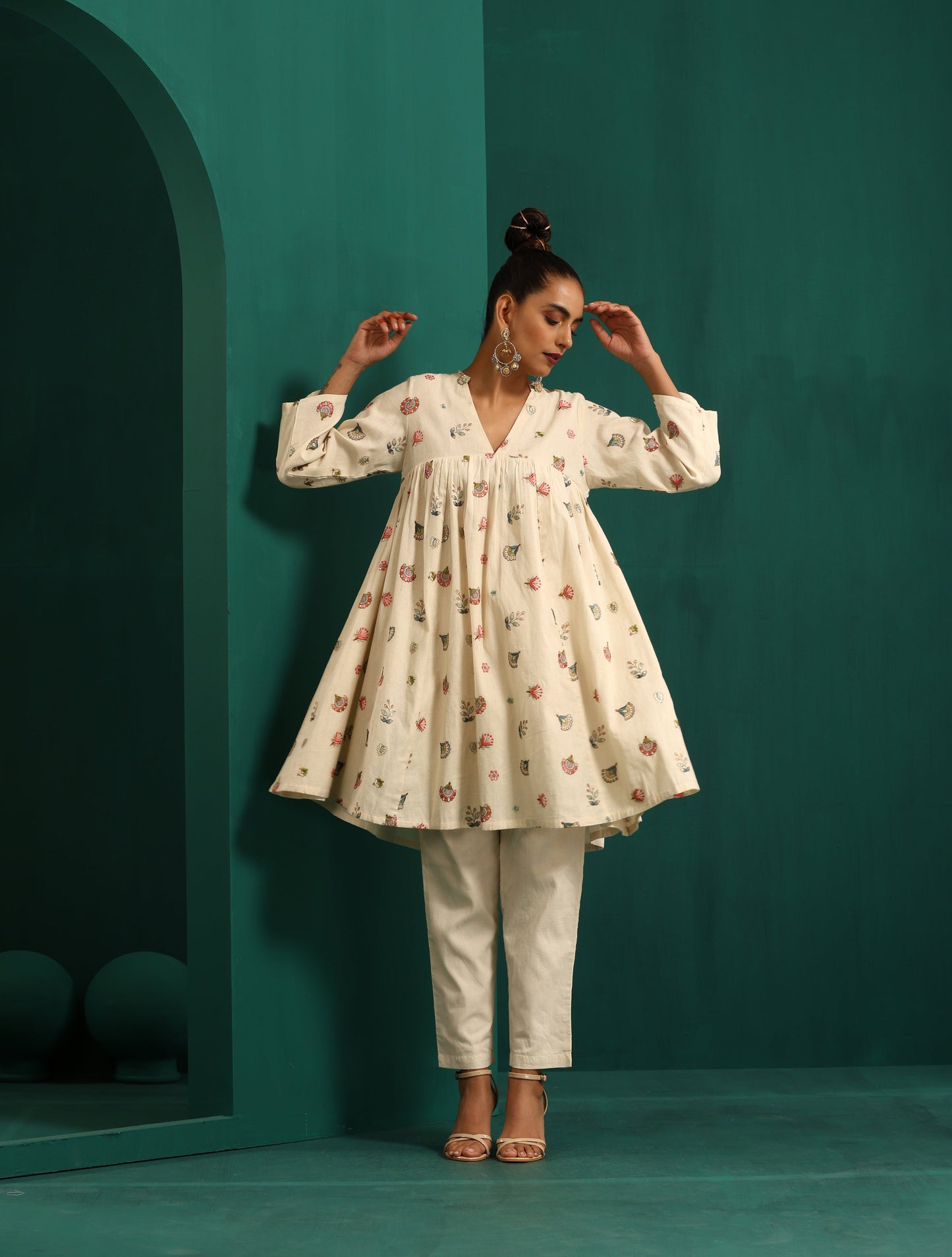 trueBrowns Ivory Multi Color Cotton Yoke Gathered Co-ord Set