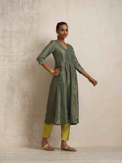 trueBrowns Grey Tissue A-line Kurta Set