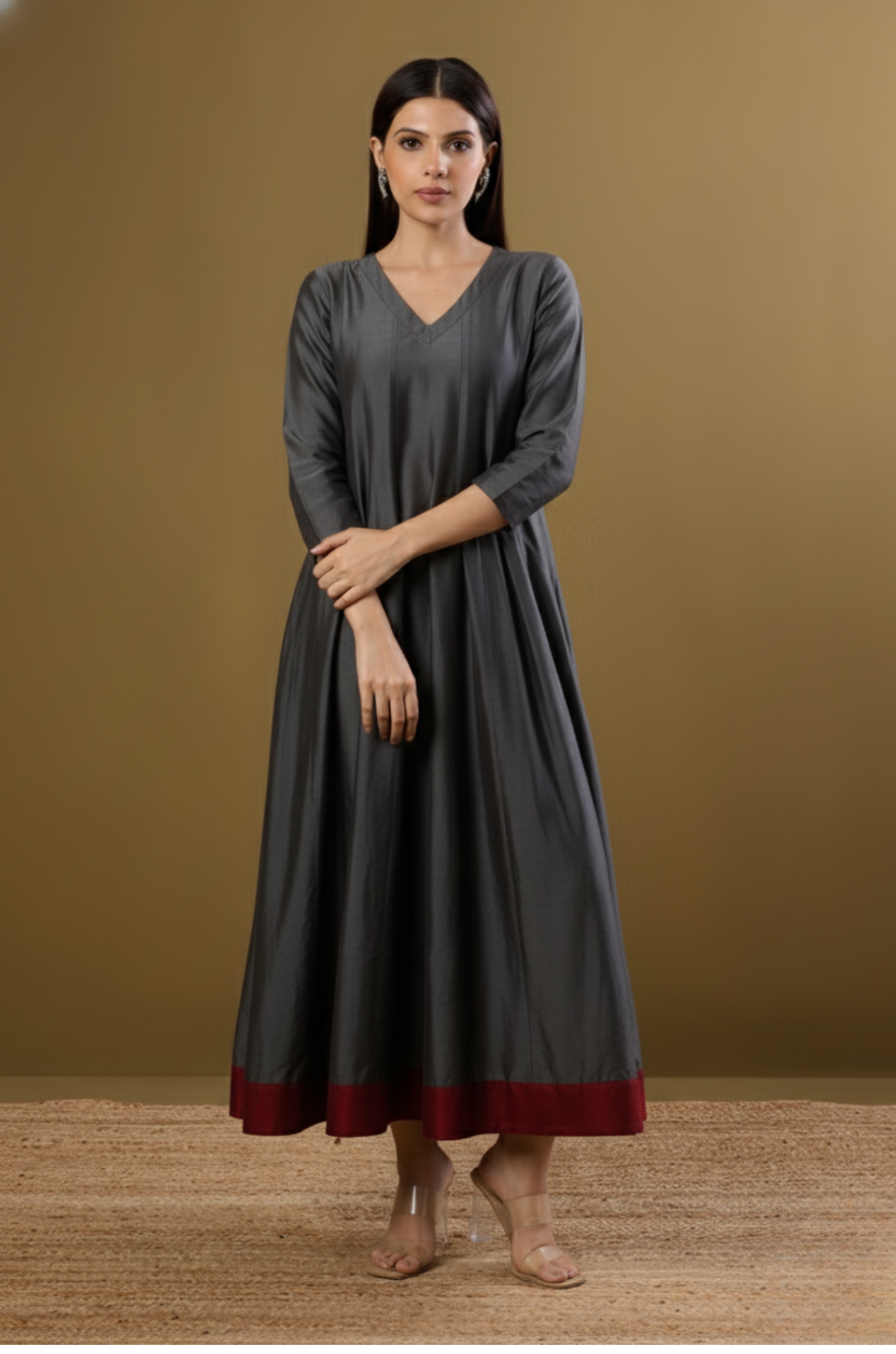 Garnet Grey Luxe Silk Slub Long Maxi Dress With Sleeves