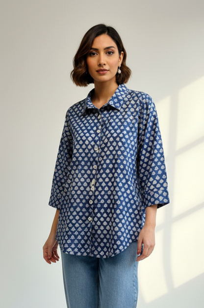 Maati  Blue Meadow Handblock Printed  Everyday Cotton Shirt