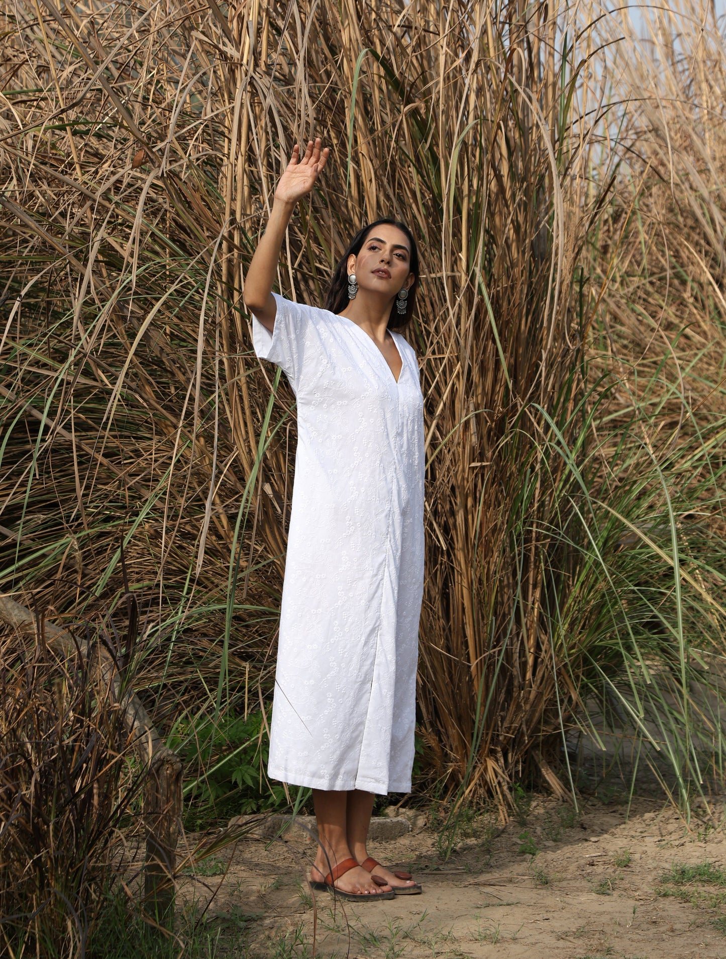 trueBrowns White Cotton Embroidered Front Slit Dress