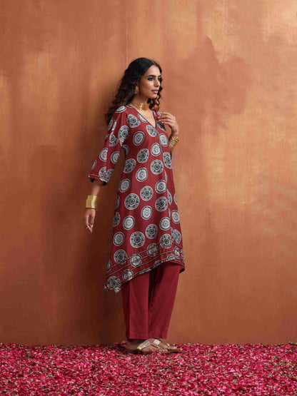 trueBrowns Maroon Print A-line Kurta Co-ord Set