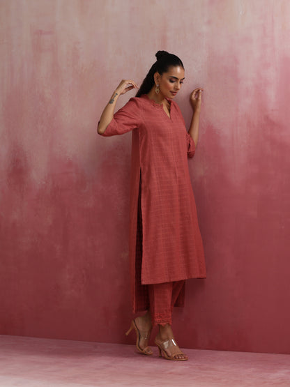trueBrowns Peach High low Cotton Dobby Kurta Set