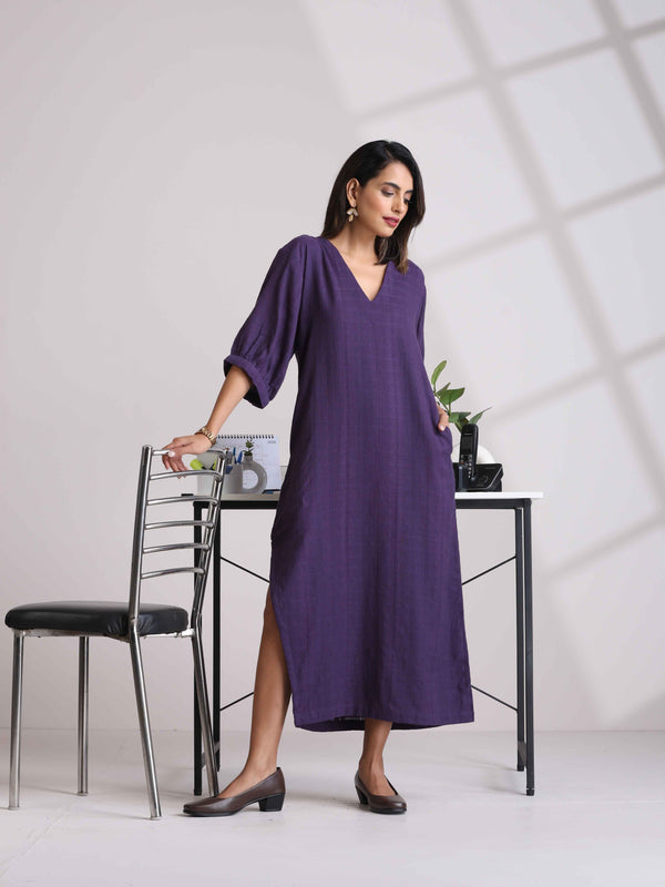 trueBrowns Purple Cotton Dobby Slit Dress LP