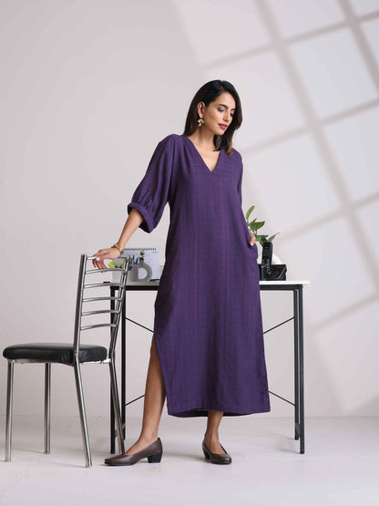 trueBrowns Purple Cotton Dobby Slit Dress LP