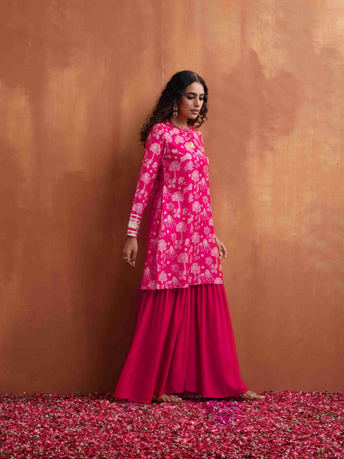 trueBrowns Red Print Sharara Set