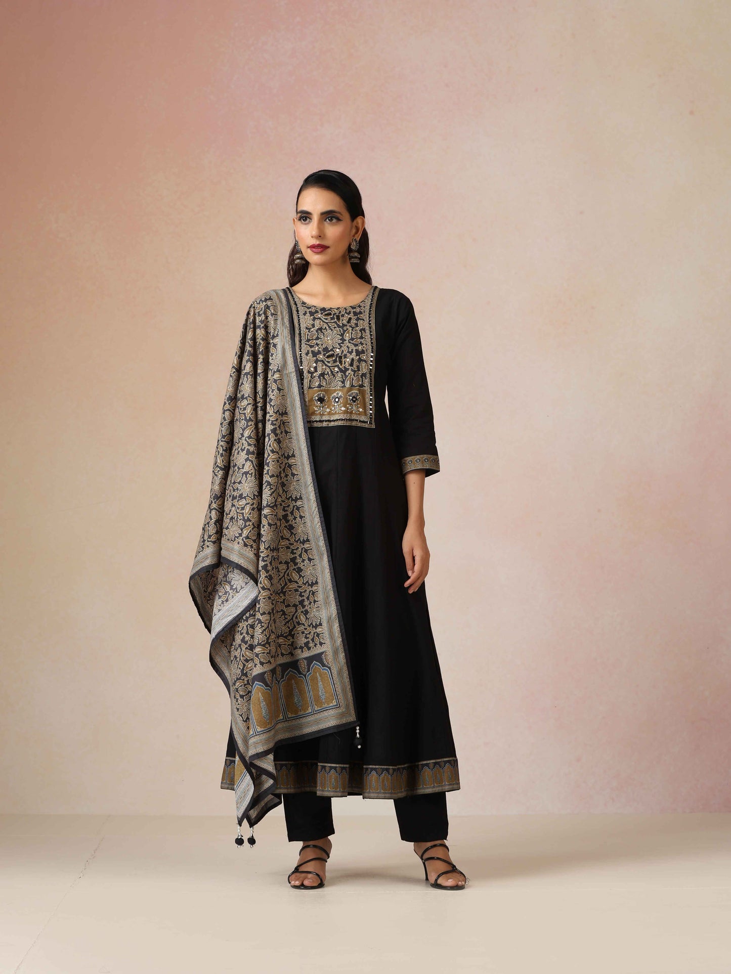 trueBrowns Black Embroidered Anarkali Pant Dupatta Set
