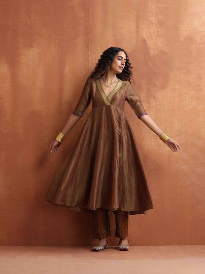 trueBrowns Bronze Tissue Flared Anarkali Kurta Set