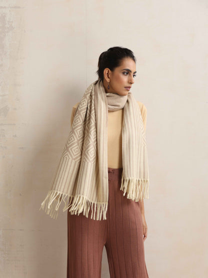trueBrowns Beige Geometric Woven Stole