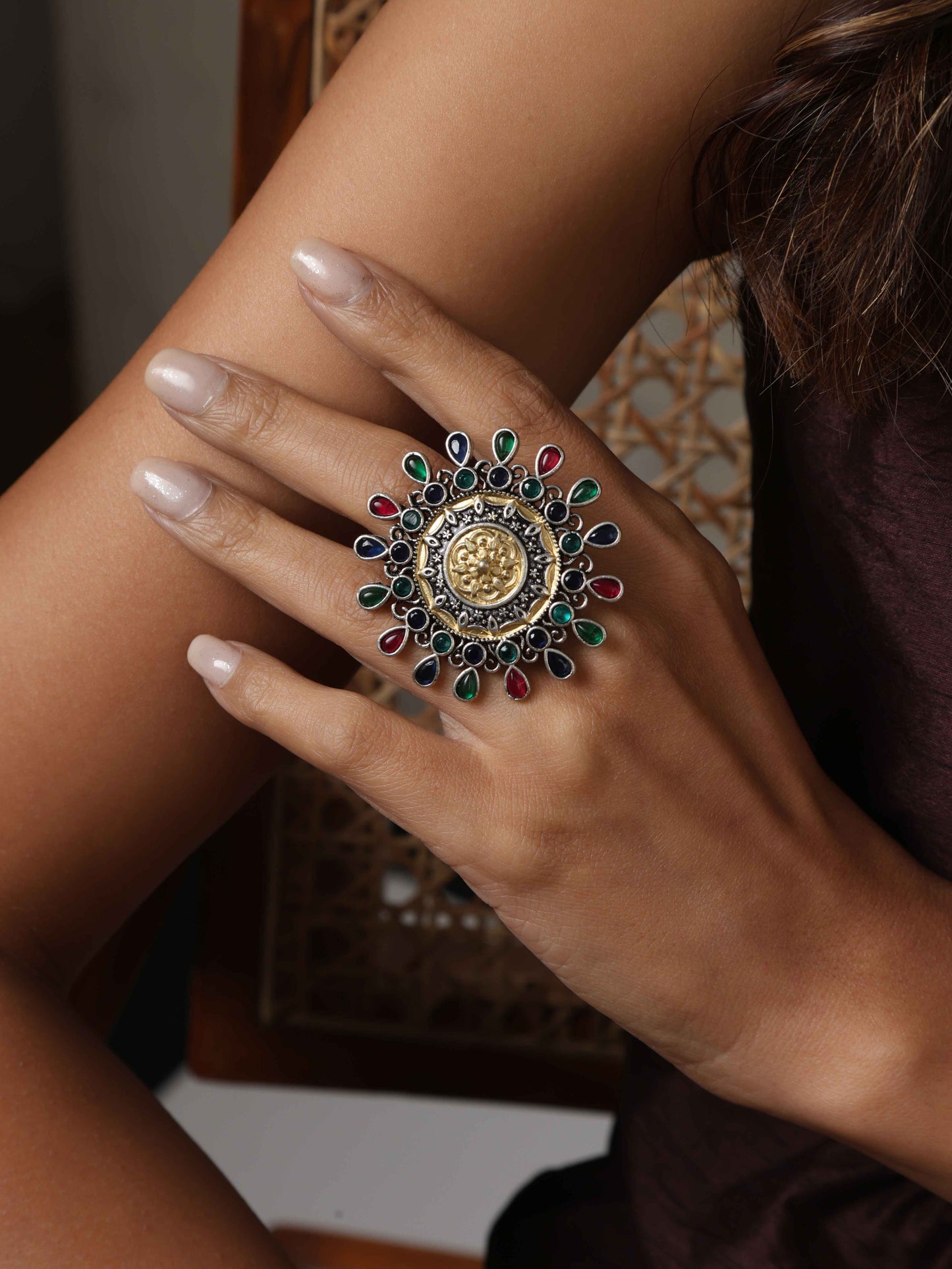 trueBrowns Silver Gold Tone Mandala Ring