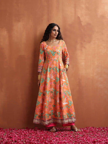 trueBrowns Orange Print Flared Anarkali Kurta Set