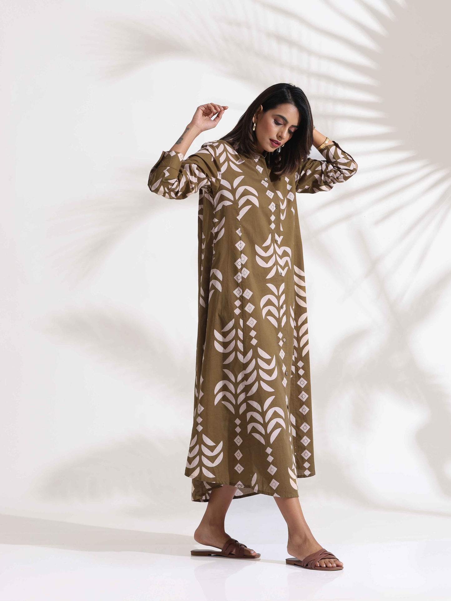 trueBrowns Olive Green Cotton Print Shirt Dress