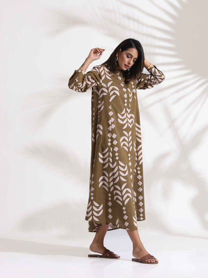 trueBrowns Olive Green Cotton Print Shirt Dress